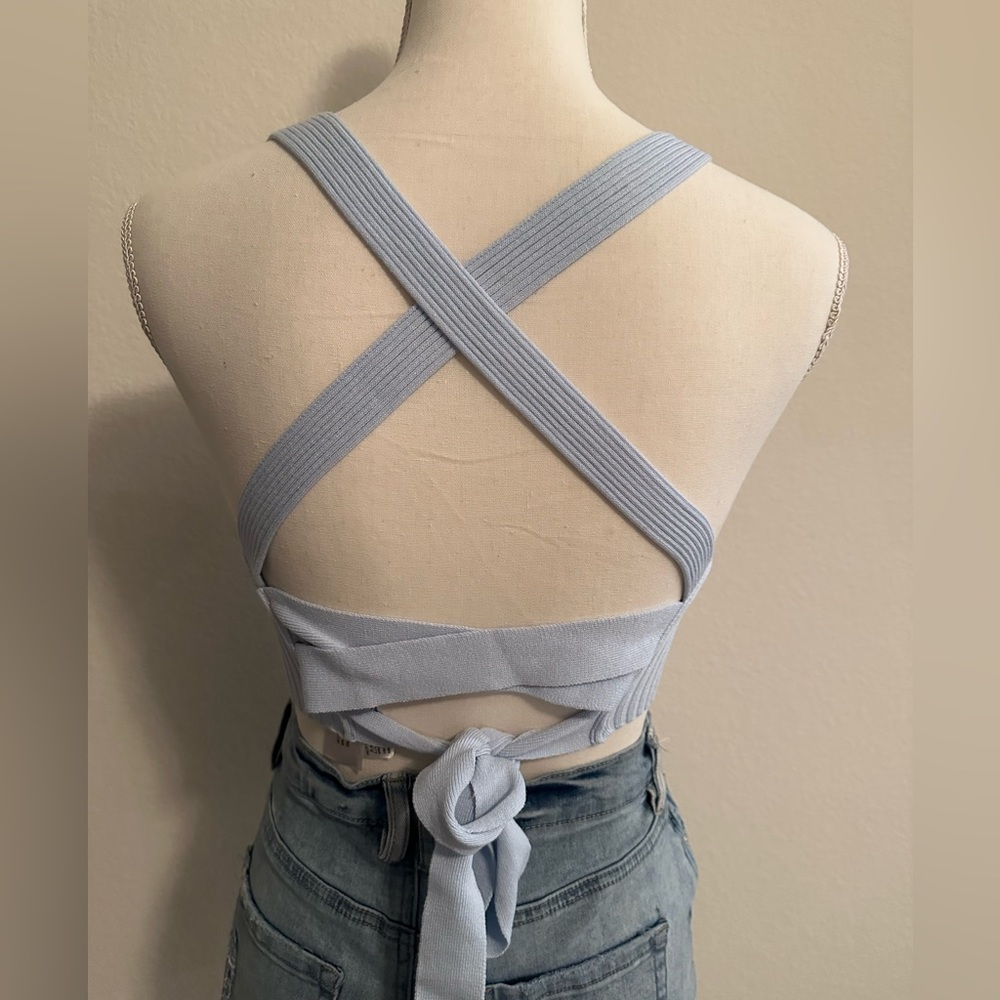 Blue Ribbed Crop Top with Cross Back and Tie Size Small